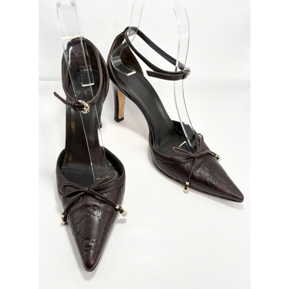 Gucci Brown Leather Guccissima GG Monogram Heels w/ Bow Accent Y2K Sz EU 36C 6 - Picture 4 of 14